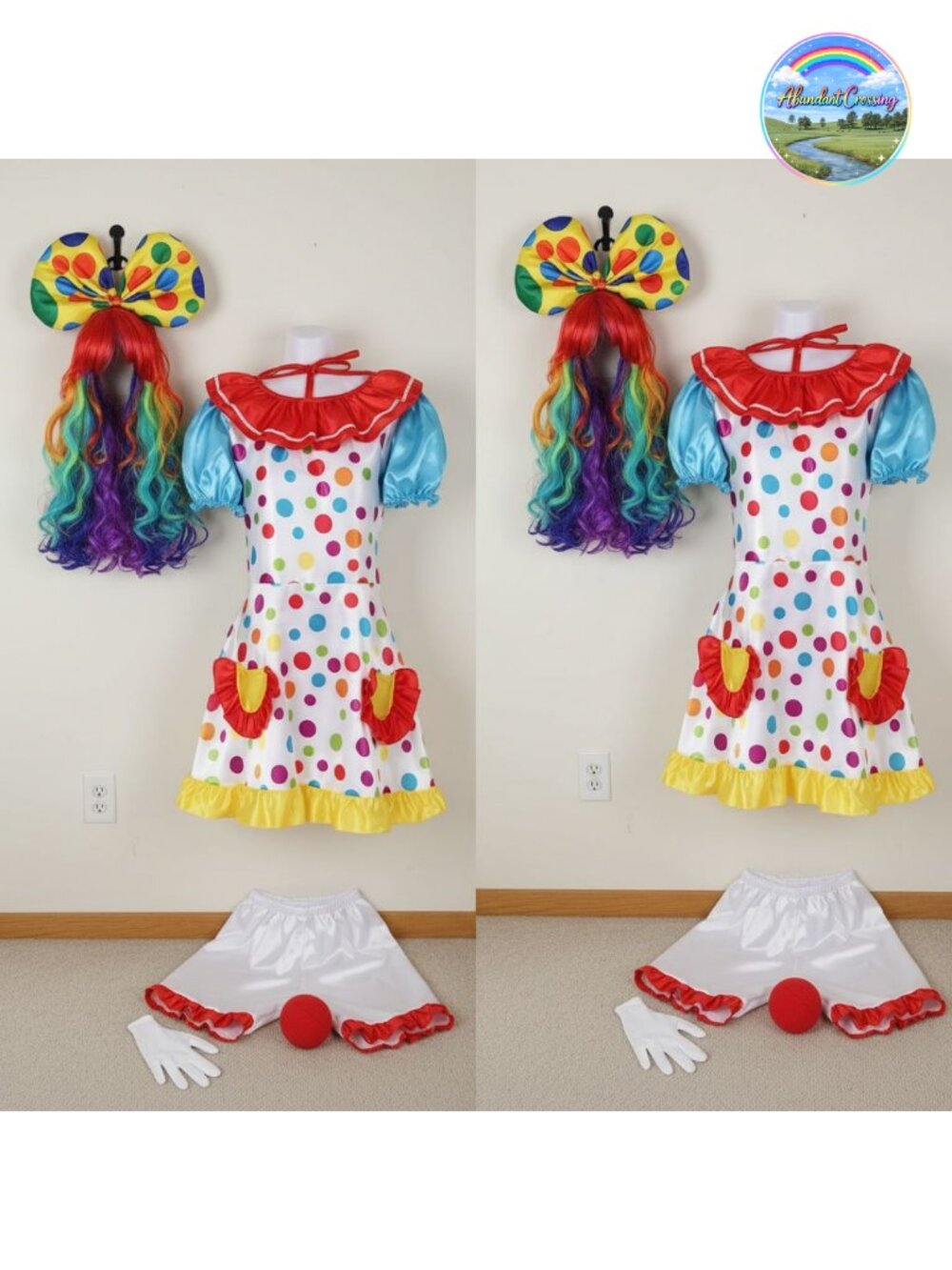Handepo Halloween Clown Costume Set Women's Dress Shorts Wig Gloves Red Nose